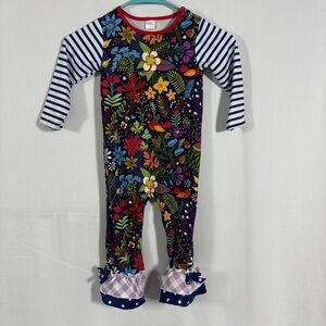 Penelope Plumm Floral Birds Jumpsuit Long Sleeve Ruffles Bows Toddler 2T‎